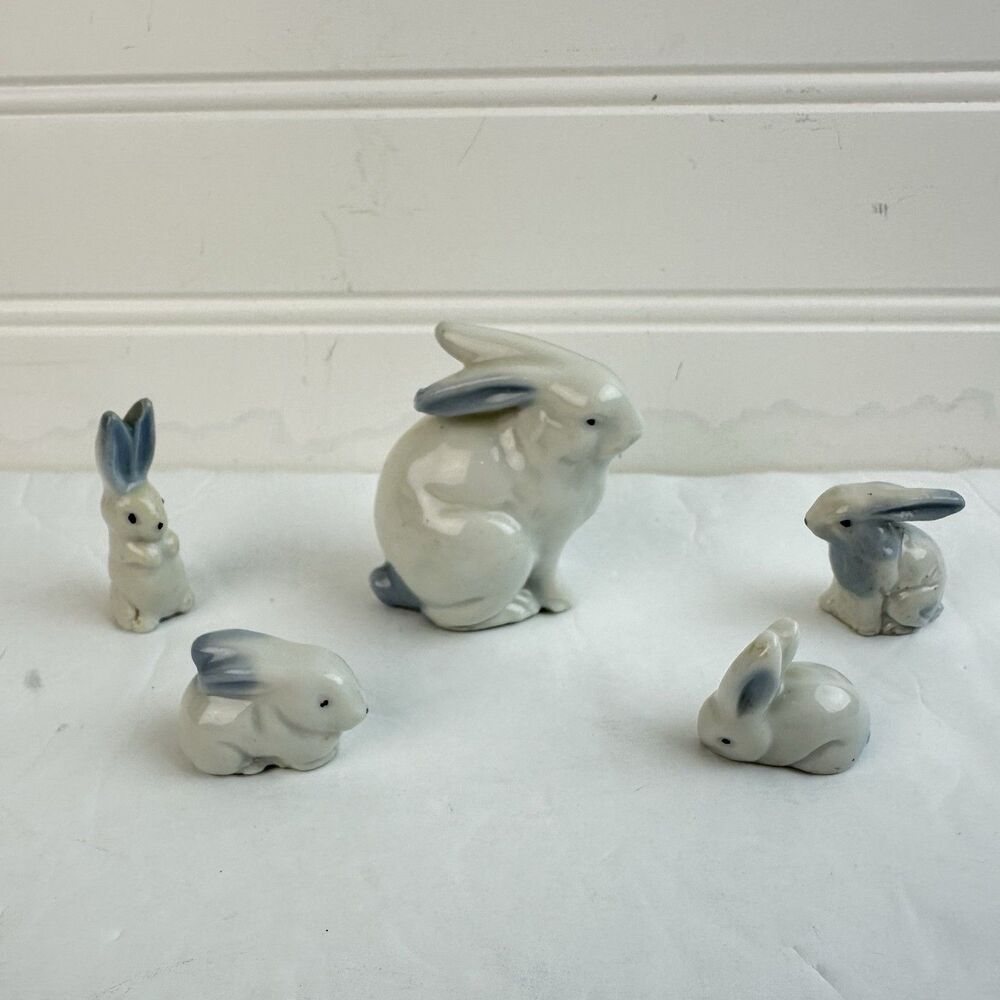 Miniature White Ceramic Rabbit Bunny Figurines Lot of 5 Made in Japan Trinkets